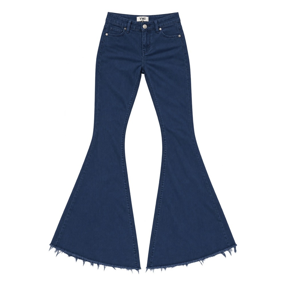 Judy Blue Pull-On Super Flare Jeans Raw Hem Women 3/26 Navy Blue Retro 70s Boho